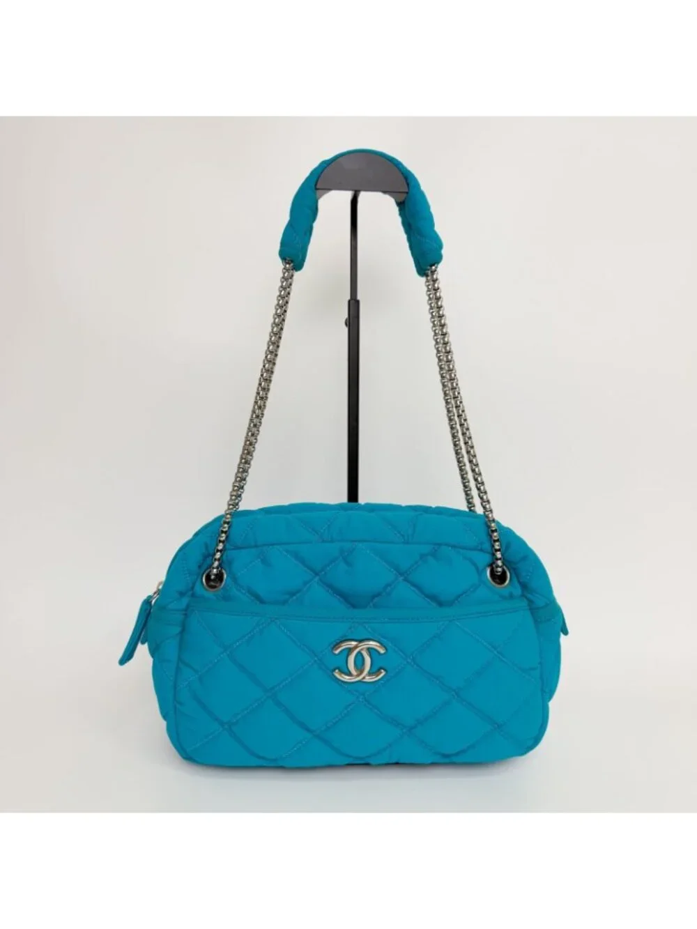 Chanel Bubble Quilt Chain Shoulder Bag Cotton Turquoise Blue Silver Seal Vintage